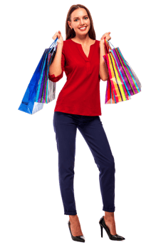 Portrait of young happy smiling pretty woman with shopping bags, isolated png