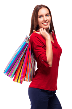 Portrait of young happy smiling pretty woman with shopping bags png