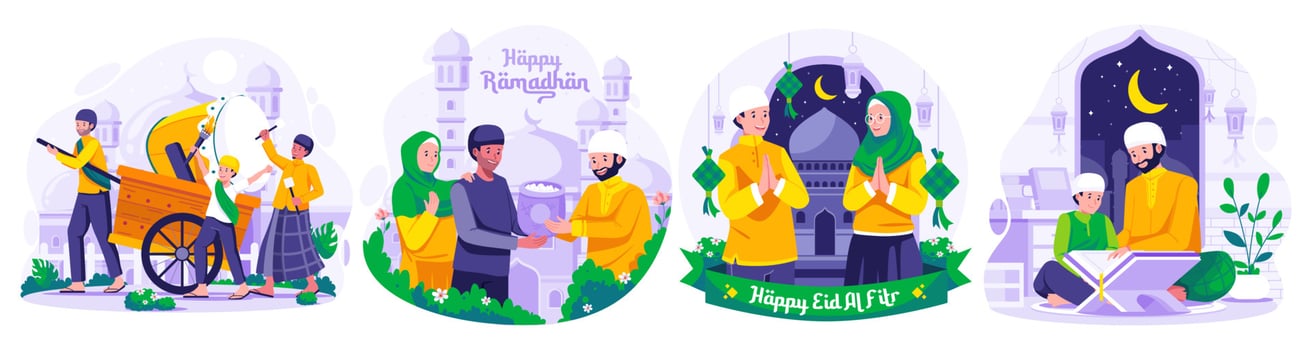 Illustration Set of Ramadan concept with Muslim People greeting and celebrating Ramadan Kareem and Eid Mubarak. Greeting Each other and apologizing. Giving Zakat Charity. Reading Quran vector