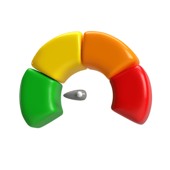 3d icon speedometer meter with arrow for dashboard with green, yellow, orange and red indicators. Gauge of tachometer. Low, medium, high and risk levels. isolated transparent png
