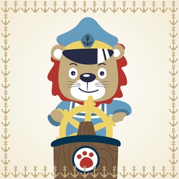 Funny lion in sailor costume on anchor frame border, vector cartoon illustration