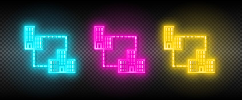 Building, business neon icon set. Media marketing vector illustration neon blue, yellow, red icon set