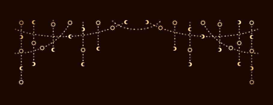 Gold mystic celestial hanging garland with sun, stars, moon phases, crescents. Ornate bohemian magical curtain decorative element vector