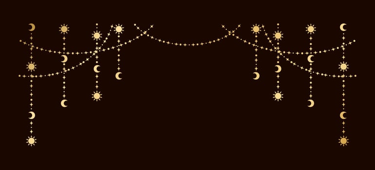Gold mystic celestial hanging garland with sun, stars, moon phases, crescents. Ornate bohemian magical curtain decorative element vector