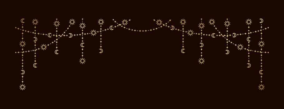 Gold mystic celestial hanging garland with sun, stars, moon phases, crescents. Ornate bohemian magical curtain decorative element vector