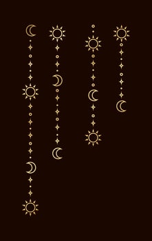 Gold mystic celestial hanging garland frame corner with sun, stars, moon phases, crescents. Ornate bohemian magical curtain decorative element vector