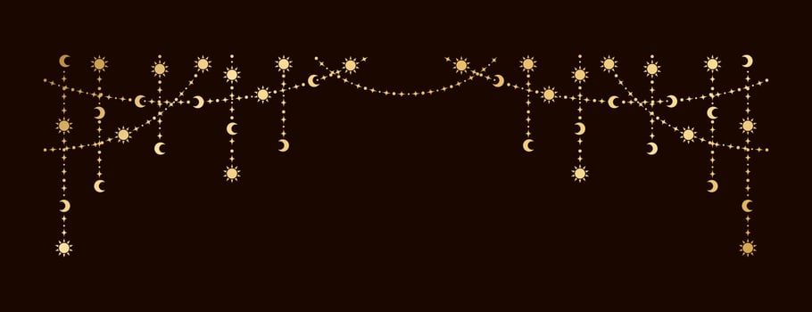 Gold mystic celestial hanging garland with sun, stars, moon phases, crescents. Ornate bohemian magical curtain decorative element vector