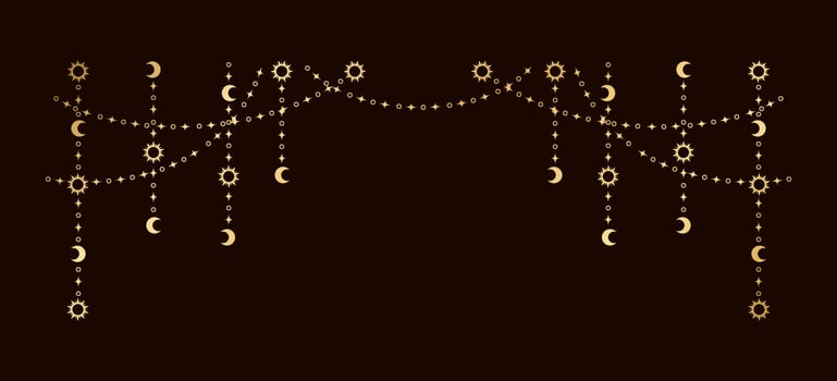 Gold mystic celestial hanging garland with sun, stars, moon phases, crescents. Ornate bohemian magical curtain decorative element vector