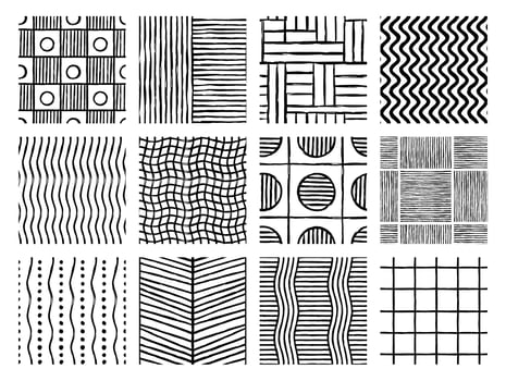 Set of Aesthetic Contemporary printable seamless pattern with abstract Minimal elegant line brush stroke shapes and line in black and white colors. vector