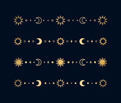 Gold celestial separator set with sun, stars, moon phases, crescents. Ornate boho mystic divider decorative element vector