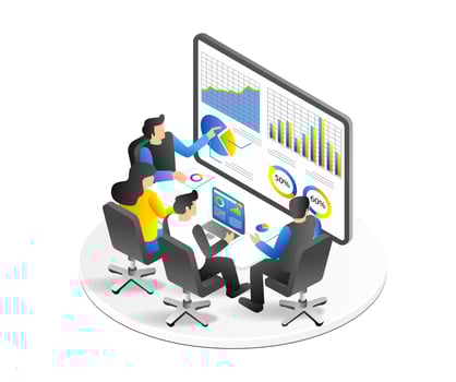 Isometric flat 3d illustration concept of team having business development analysis discussion vector