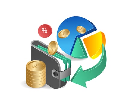 Isometric flat 3d illustration concept of money investment pie chart vector