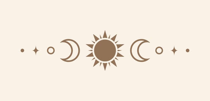 Celestial text divider with sun, stars, moon phases, crescents. Ornate boho mystic separator decorative element vector