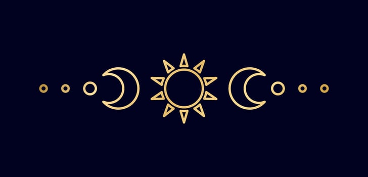 Gold celestial text divider with sun, stars, moon phases, crescents. Ornate boho mystic separator decorative element vector