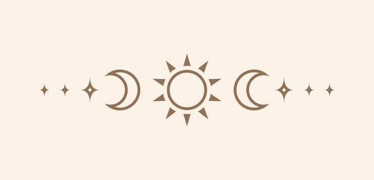 Celestial text divider with sun, stars, moon phases, crescents. Ornate boho mystic separator decorative element vector