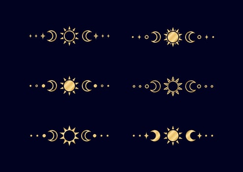 Gold celestial text divider with sun, stars, moon phases, crescents. Ornate boho mystic separator decorative element vector