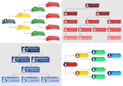 Set of four colorful business structure concept, corporate organization chart scheme with people icons. Vector illustration.