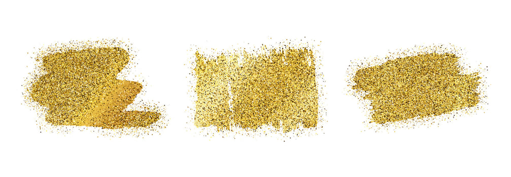 Set of three golden glittering smears on a white background. Background with gold sparkles and glitter effect. Empty space for your text. Vector illustration