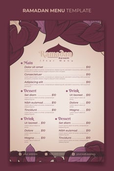 Food menu template with purple leaves design for ramadan kareem iftar party event vector