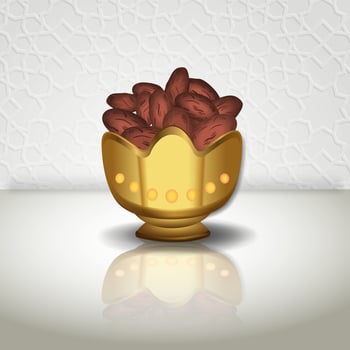 Realistic 3d illustration of dates and bowl in golden color. Can be used for decoration of Islamic designs. Vector illustration