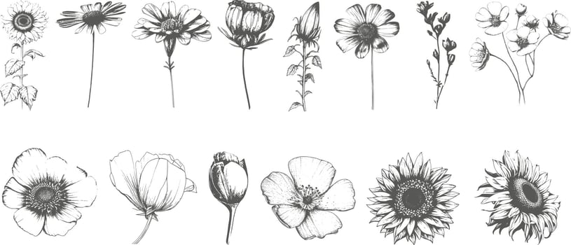 A set of elegant simple wildflowers in neutral black and white colors. Simple and graphic shape, hand drawn line wedding herb and invitation save the date card. vector
