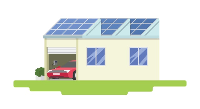 Vector or illustrator of icon solar roof technology. Electric Vehicle car in the home garage with electric charger. on isolated white background.