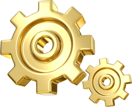 3D gold gear icon. gold metal gears and cogs. Mechanism wheels logo. Cogwheel concept template. Settings, process, progress business icon. UI symbol. 3d rendering png