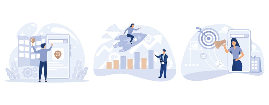 Search engine marketing concept, Local SEO, reputation management, mobile optimization, targeted web search, public relations, set flat vector modern illustration