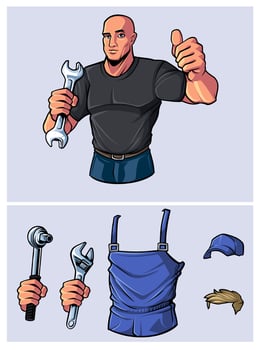 Expert Workshop Worker Assembling with Wrench and Thumb Up Automotive Mascot Logo vector