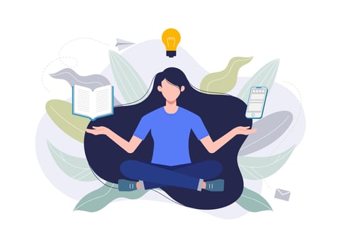 Smart health choice, health benefits for body, mind and emotions, lotus position, thought process, modern vector flat illustration.