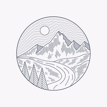 The beauty of nature mountains graphic illustration vector mono line art t-shirt design