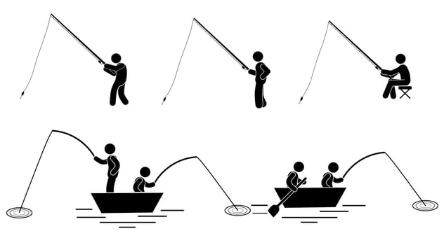 Fisherman silhouette with fishing rod on white background. Vector illustration.