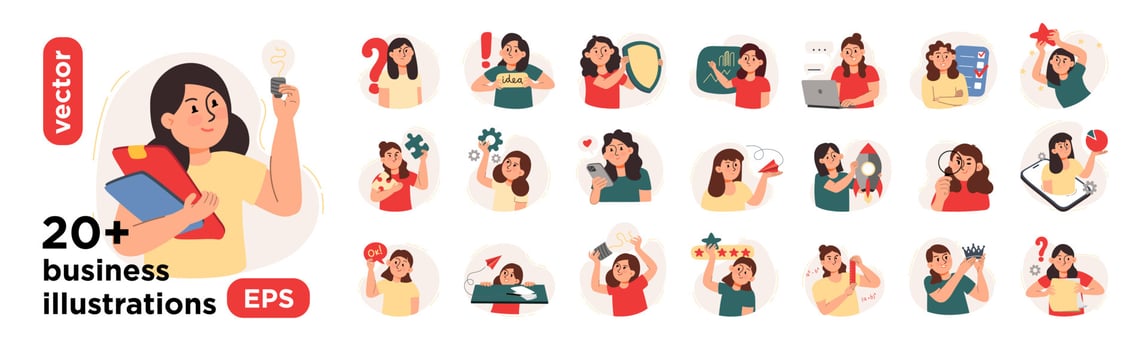 Vector illustrations for social media marketing. The concept of a business idea, startup, organization, brainstorming. Mega set isolated on a white background