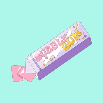 Chewing gum packaging with two pink  bubble gum pads. Trendy cartoon 90s vector illustration.