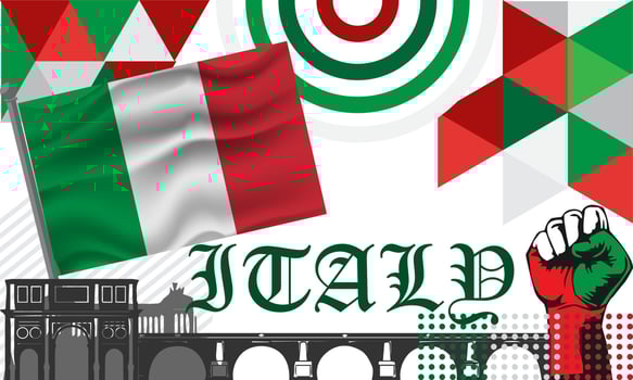 Italia national day banner design. Italian flag and map theme with Rome landmark background. Abstract geometric retro shapes of red and green color. Italy Vector illustration.