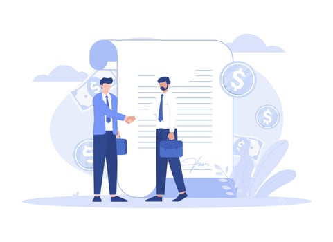 Tiny people sign a document, financial business agreement, web contract. Modern flat illustration vector
