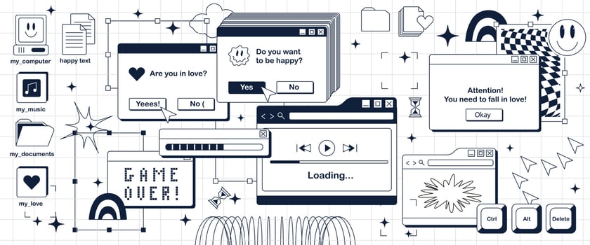 The black-and-white interface of an old computer of the 90s, 2000s. Retro desktop pc. Windows and desktop icons vector