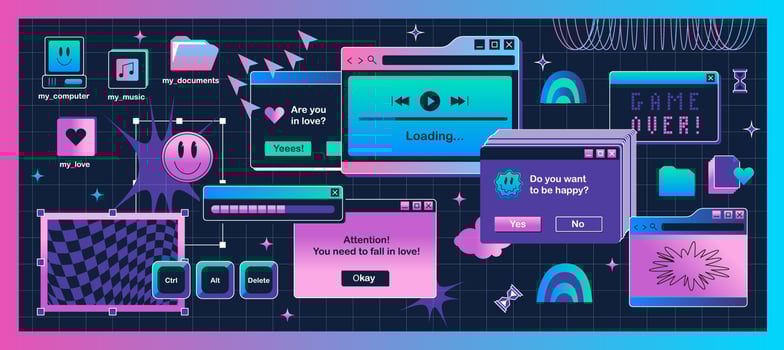 The screen of an old retro PC in the y2k style. Background retro wave and vapowave. Purple vintage computer interface vector