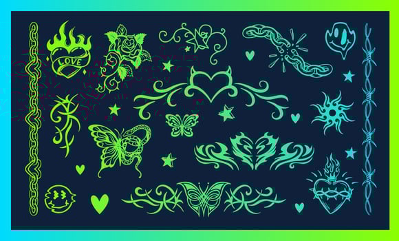 A set of acid tattoos. Neon temporary tattoos in retro style of the 90s, 2000s. Heart, butterfly, chain, curb. vector
