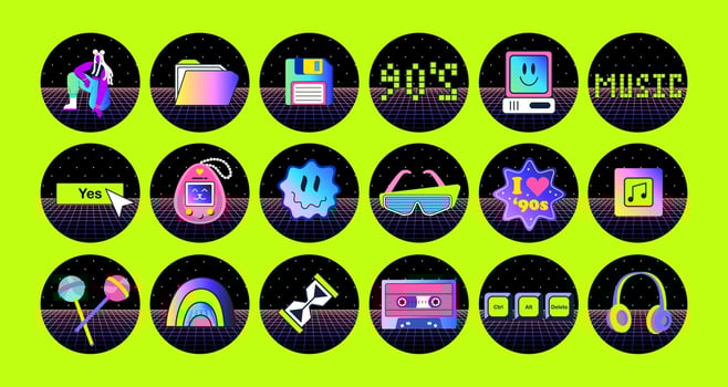 A set of acid highlight for social media. Bright y2k style, 2000s, 90s. Game, pc, music, floppy disk vector