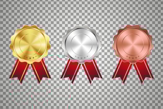 Gold, silver and bronze medals set with red ribbon vector