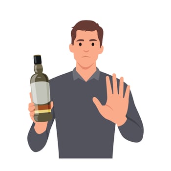 Young man refuse drinking alcohol. Decisive male make hand gesture sign say stop no to alcoholic cocktail. Guy reject beverage at bar follow healthy lifestyle vector