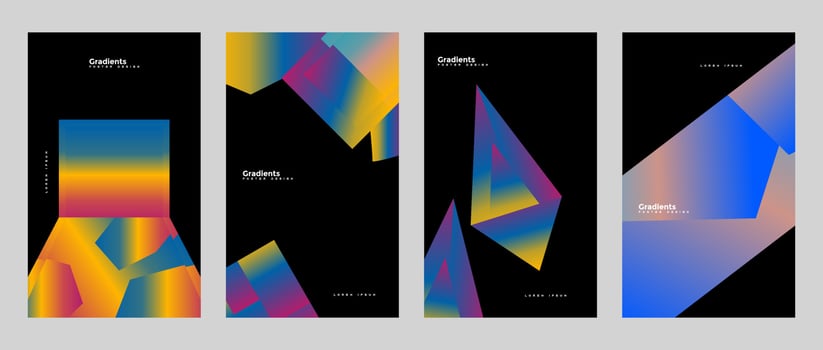Abstract black poster collection with colorful gradient geometric shapes. Cover set in minimal style. Neon glow backgrounds. Ideal for banner, music party invitation, club flyer. Vector illustration