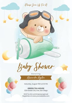 Baby shower invitation with bear and plane vector