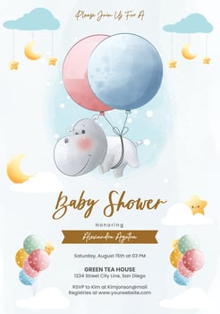 Baby shower invitation with balloons and hippo vector