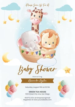 Baby shower invitation template with giraffe and elephant vector