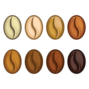Coffee beans realistic set showing various stages of roasting isolated on white background vector illustration
