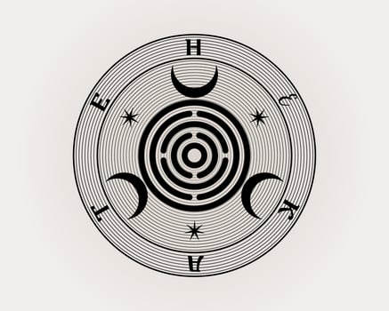 Sacred Geometry, the Mother Seal of Hekate aka Hecate Greek Goddess of Witchcraft Underworld Necromancy Crossroads Spiritual Greco Roman Witch Wicca Sigil, vector isolated on black background