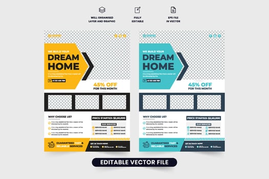 Home construction and renovation service promotional web banner and poster design with yellow and aqua colors. House renovation flyer design with photo placeholders. Real estate home making business. vector