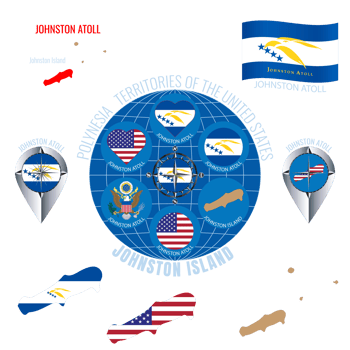 Set of illustrations of flag, contour map, money, icons of JOHNSTON ATOLL. Territories of the United States. Travel concept. png